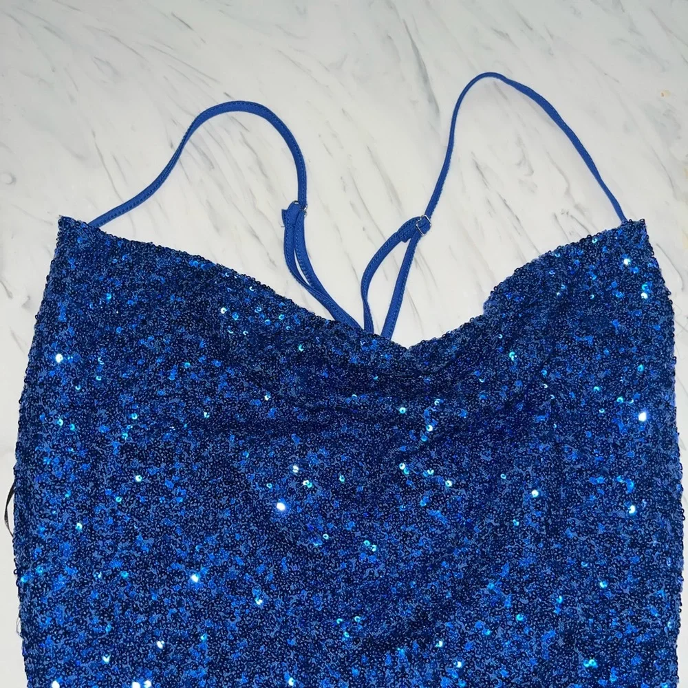 Forever 21 sequin mini dress l royal blue cocktail sparkle new nwt short drape - Picture 2 of 4